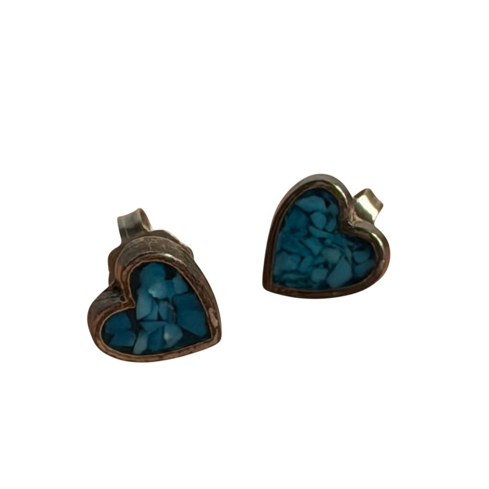 VTG Heart Stud Earrings Blue Turquoise Inlay Silver Tone Southwestern Boho Chic